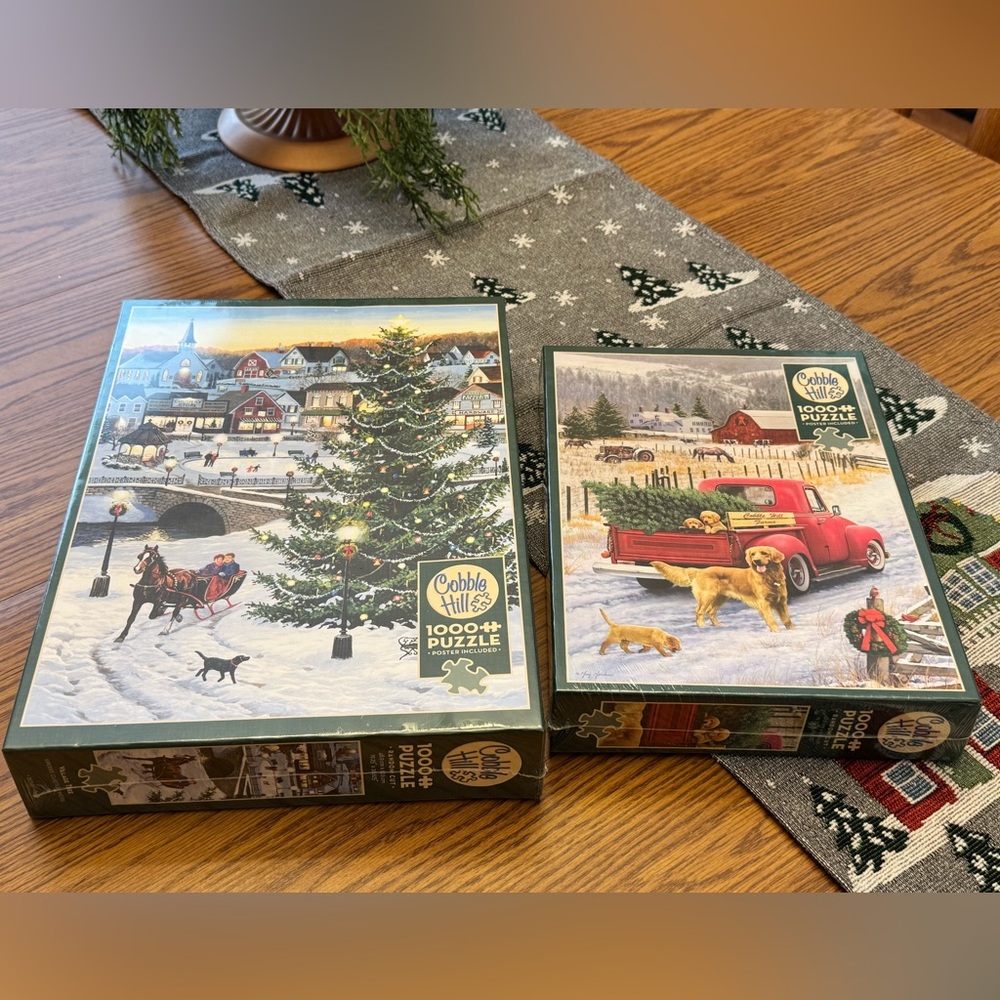 Cobble Hill LOT of 2 Christmas Holiday 1000 piece puzzles Posters inside NEW